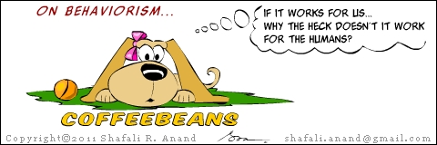 Cartoon of Coffeebeans the pup with an education who reflects upon training through the classical conditioning theory of behaviorism.