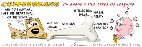 Instructional Design Humor - Cartoon pup Coffeebeans is unhappy about the uneven division of Gagne's learning outcome types - between humans and dogs.