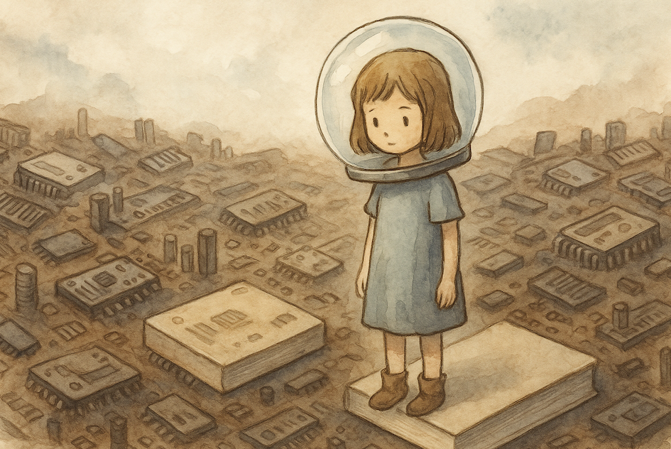 A girl wearing a glass helmet standing in an electronic wasteland.