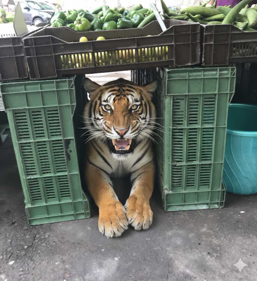The Nano Banana Tiger that ate the dog and replaced it between the crates.