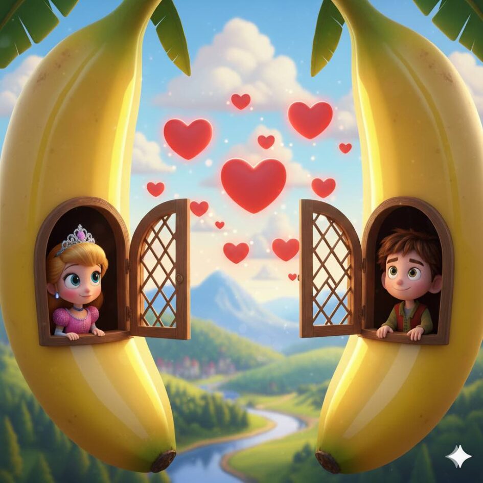 Nano Banana Love with Grok Imagine - Shows two bananas with windows - princess in one and boy in another.