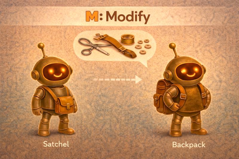 SCAMPER-Technique-or-Prompt4-M:Modify, Lil Bit makes a backpack from his satchel.