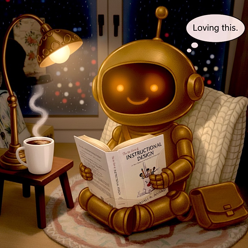 Lil Bit sitting cozy and reading Shafali R. Anand's ID book "For the Love of Instructional Design"